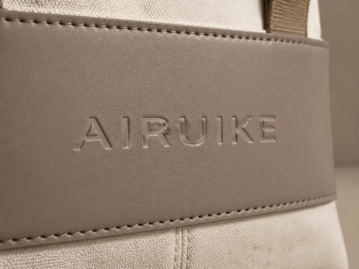 Embossing AIRUIKE wordmark application on a custom bag material