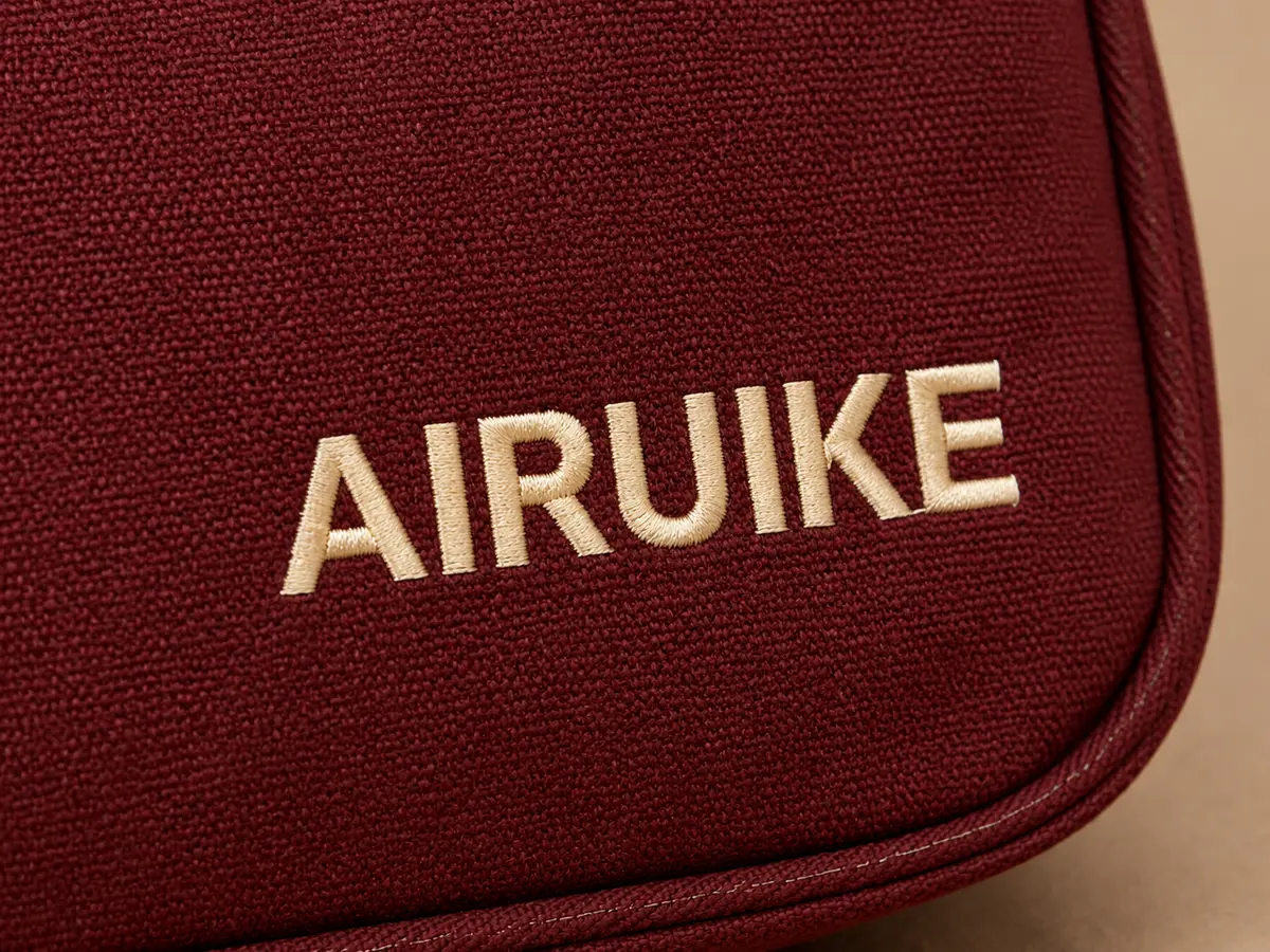 Embroidery AIRUIKE wordmark application on a custom bag material