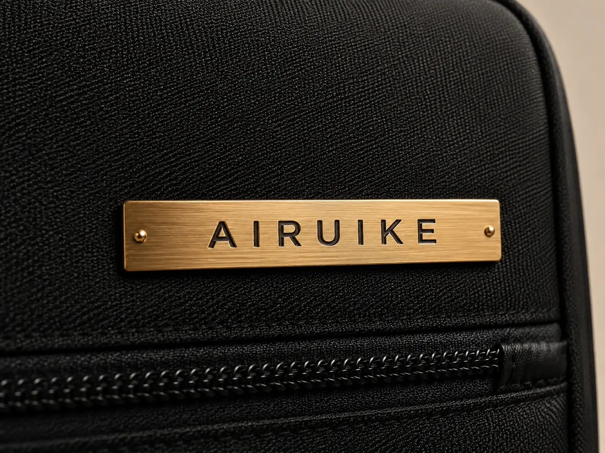 Metal Plate AIRUIKE wordmark application on a custom bag material