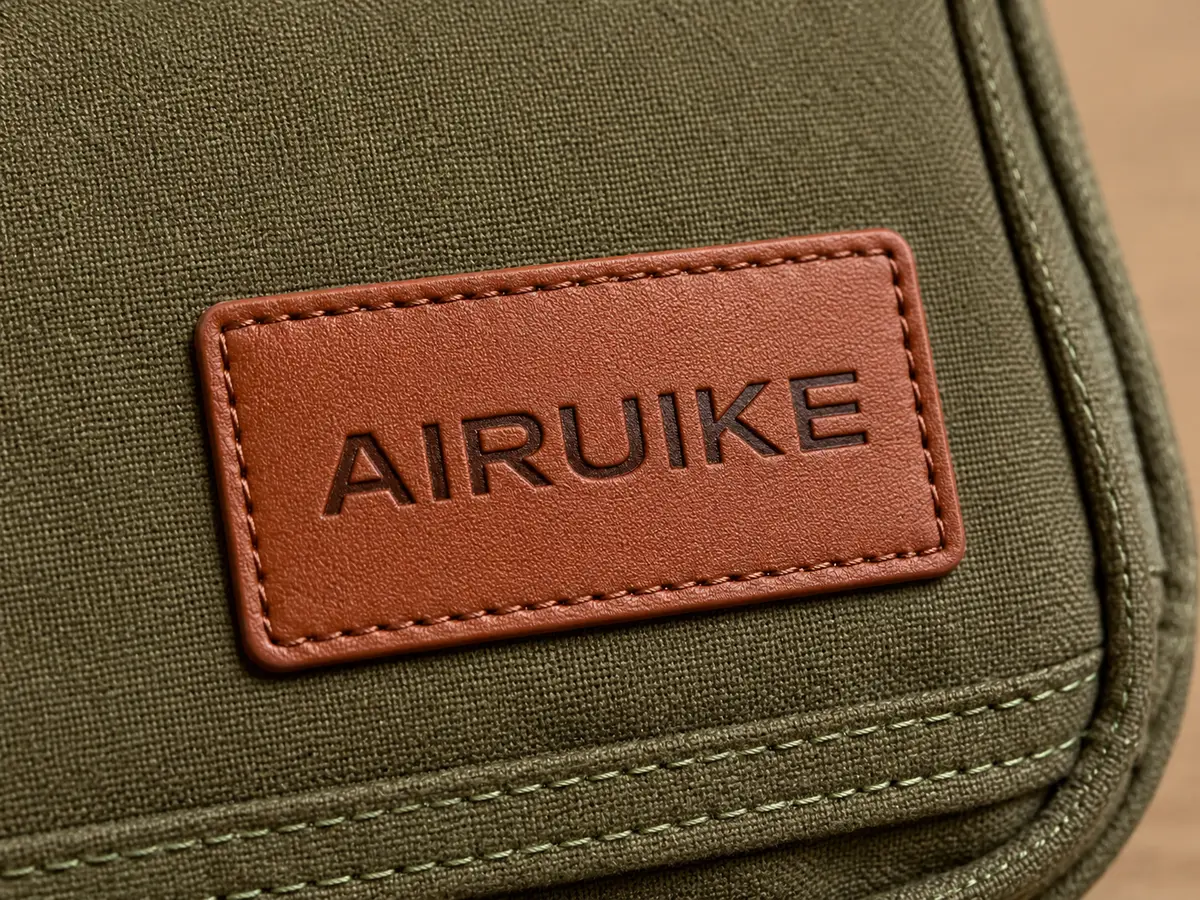 PU Patch AIRUIKE wordmark application on a custom bag material