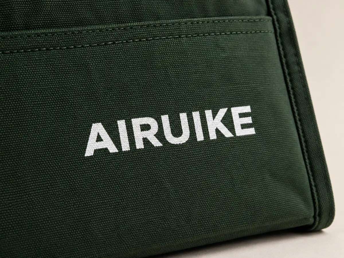 Screen Printing AIRUIKE wordmark application on a custom bag material