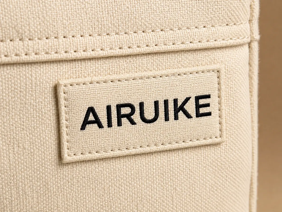 Woven Label AIRUIKE wordmark application on a custom bag material