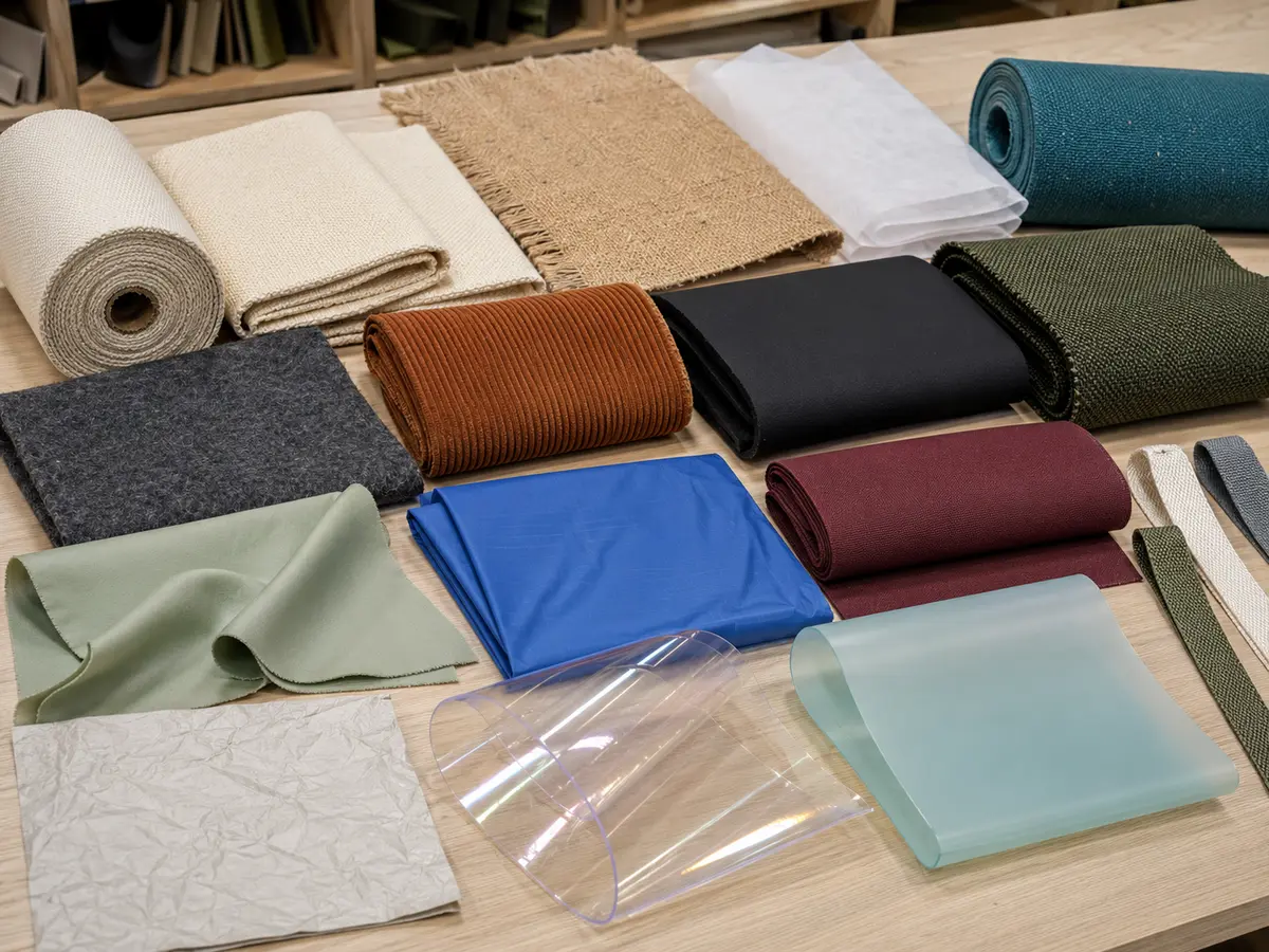 AIRUIKE material library with natural, technical, recycled and transparent bag materials
