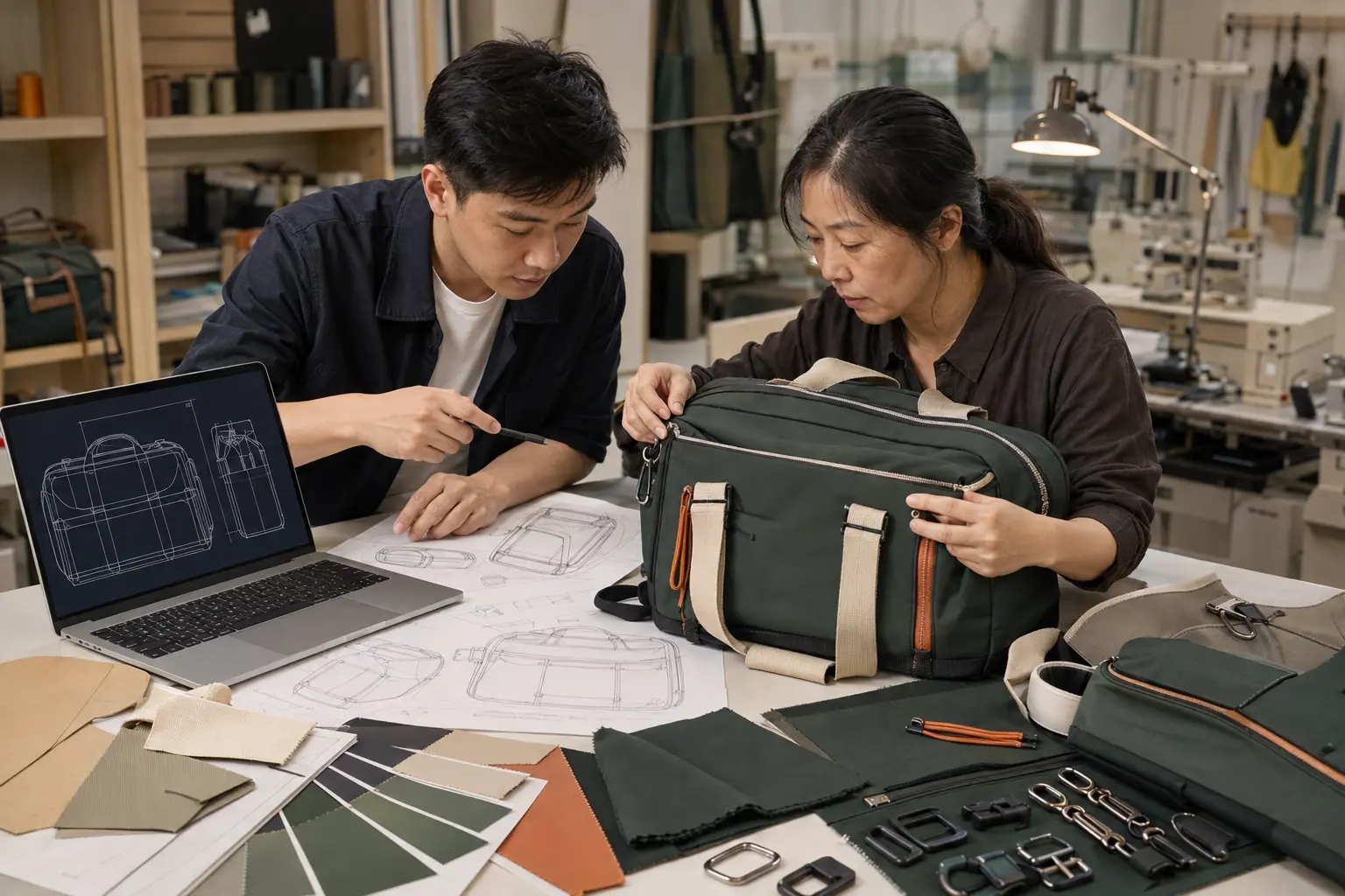 Bag designer and sample technician reviewing an OEM and ODM travel bag concept