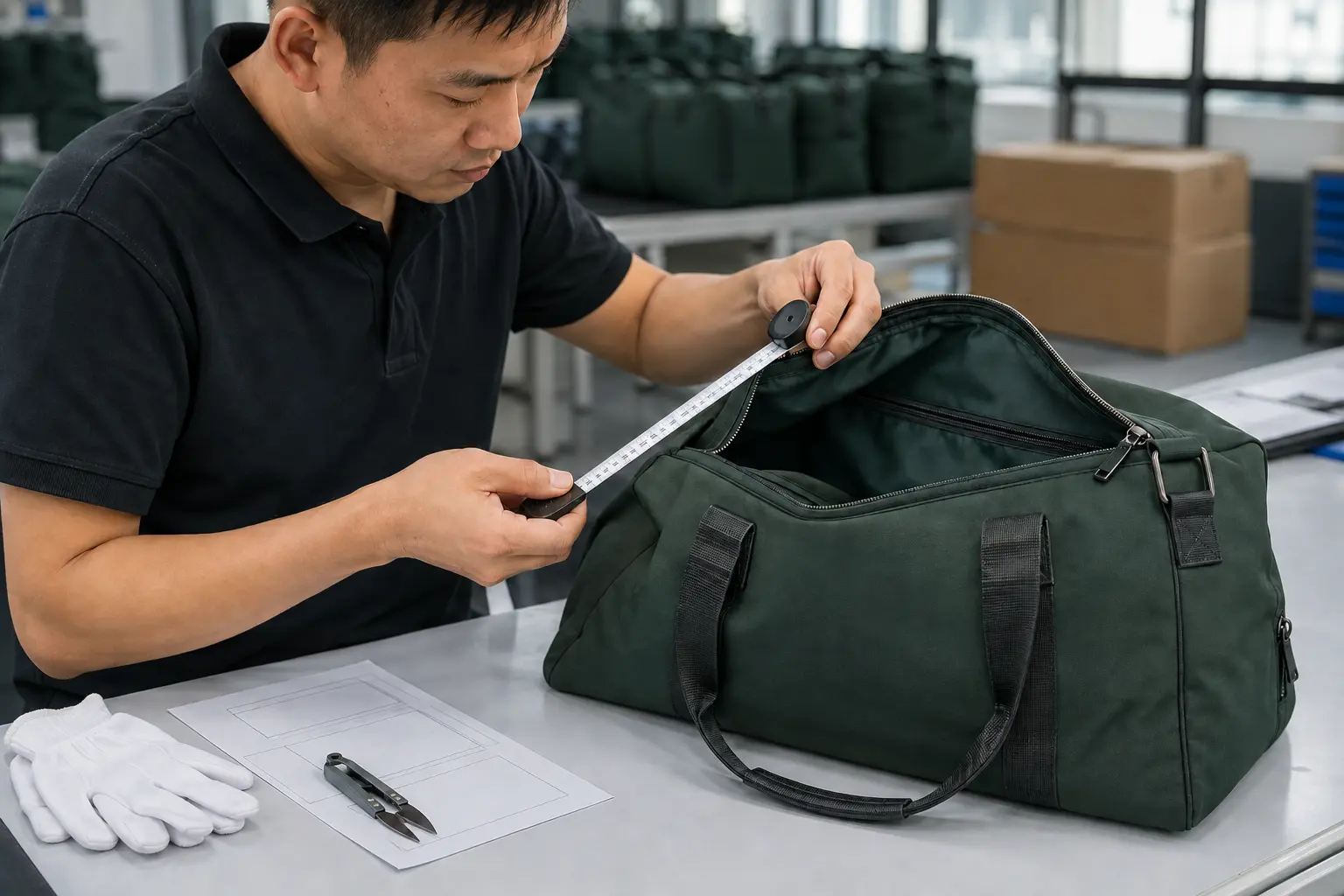 Quality inspector measuring and checking the construction of a finished travel bag