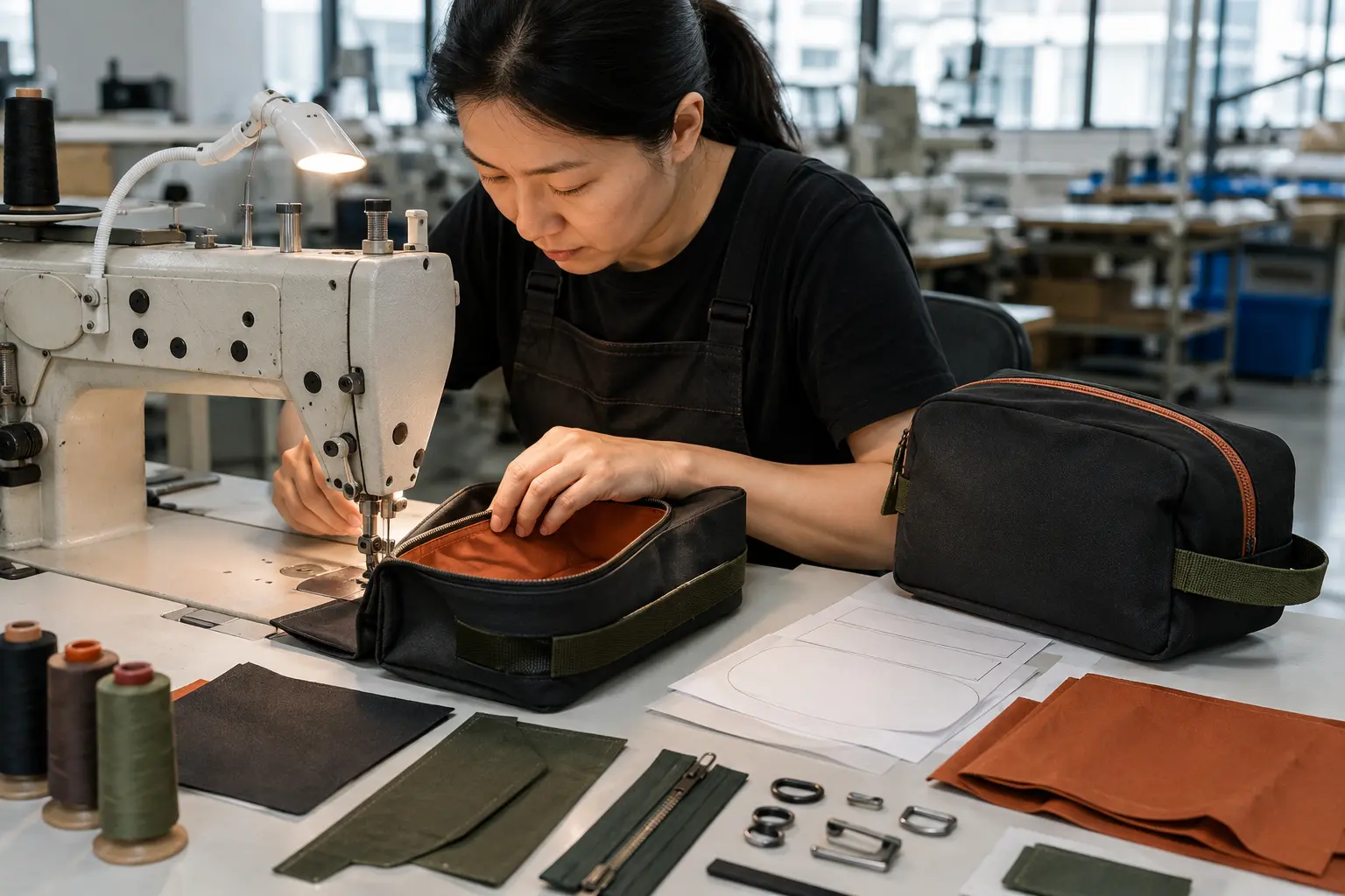 Sample maker sewing a structured cosmetic bag in the factory sample room