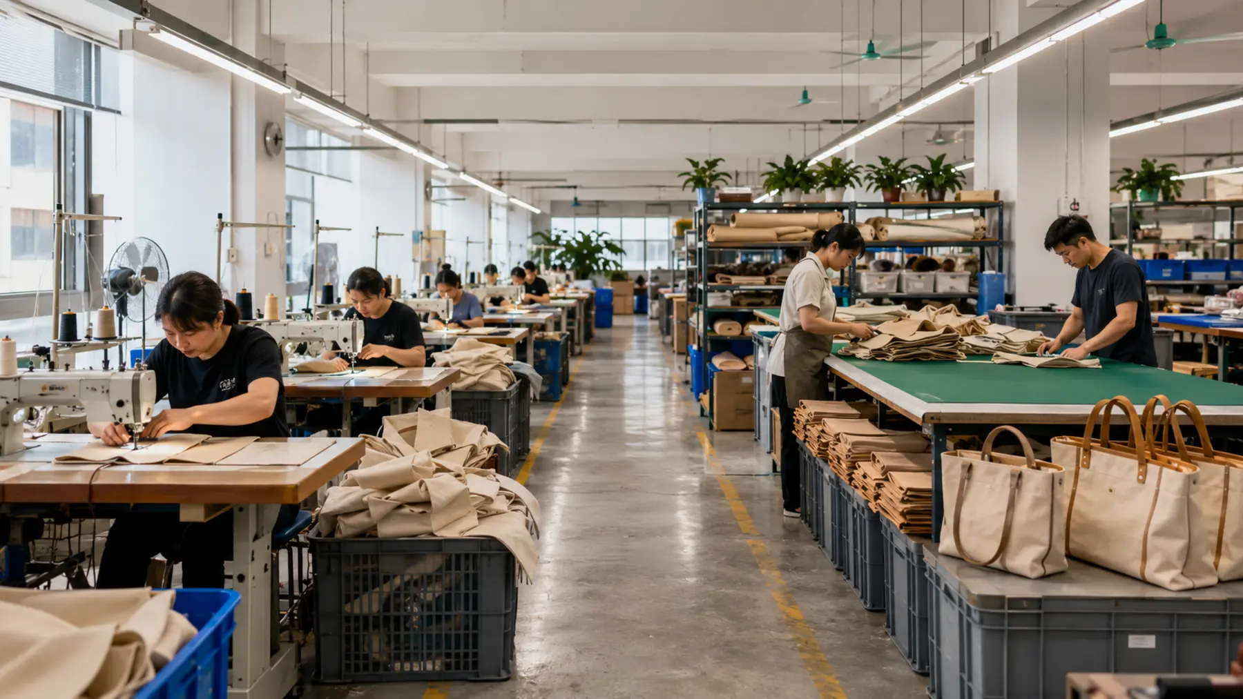 Bag manufacturing workshop with sewing and cutting stations