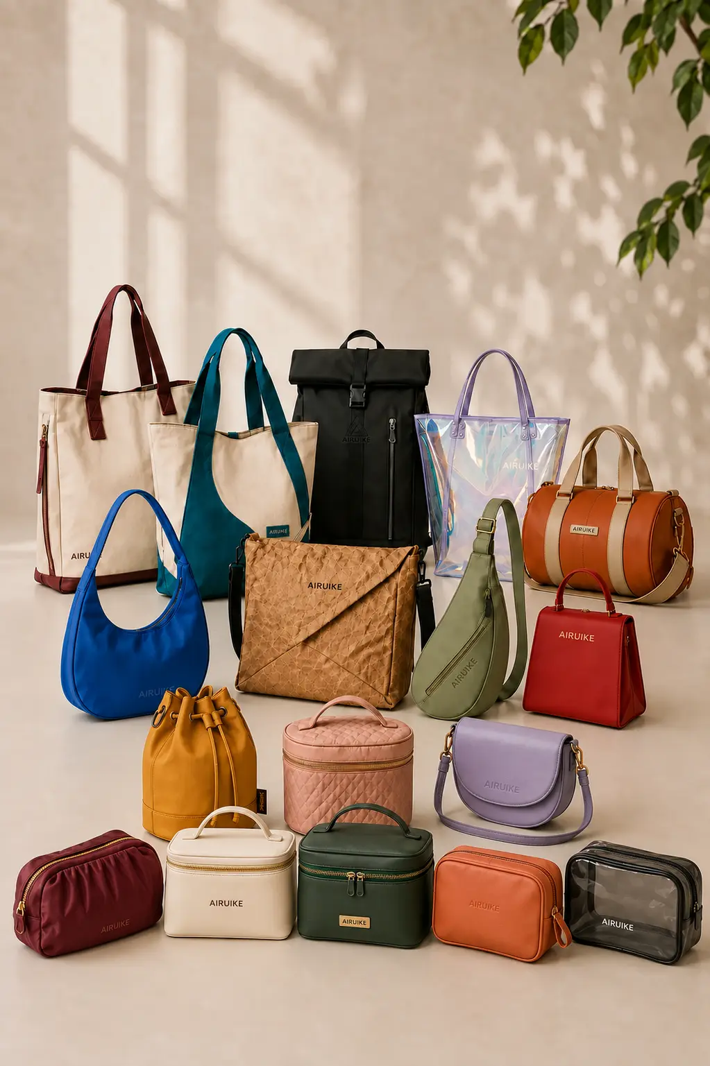 Seventeen colorful AIRUIKE custom bags arranged in four compact layers, including a front row of five fashion cosmetic bags