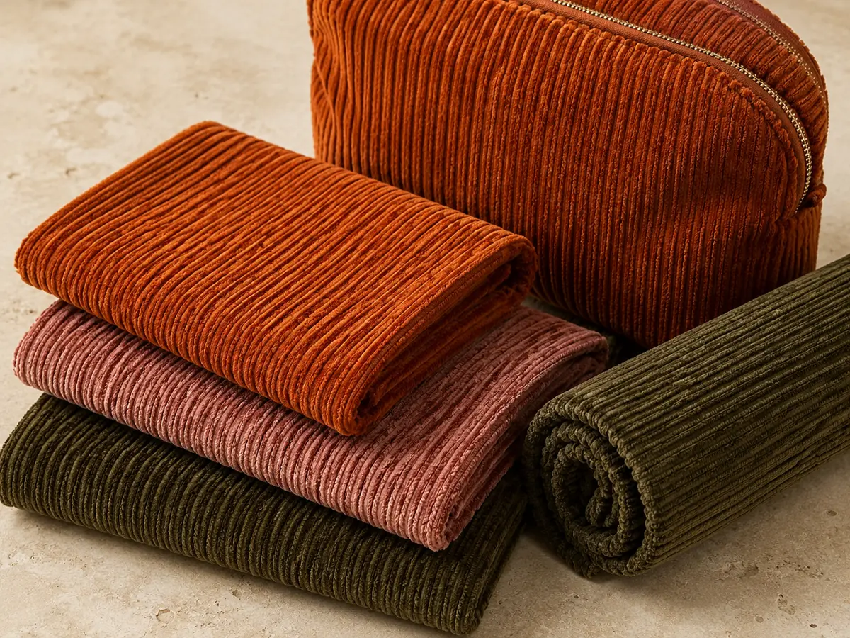 Corduroy material texture and a finished bag application